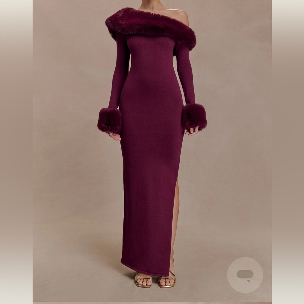 Meshki One-Shoulder Burgundy Fur-Trim Maxi Dress